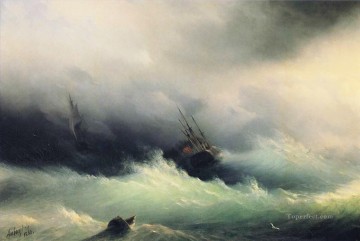 風景 Painting - イワン・アイヴァゾフスキーの嵐の中の船 1860 年の海景